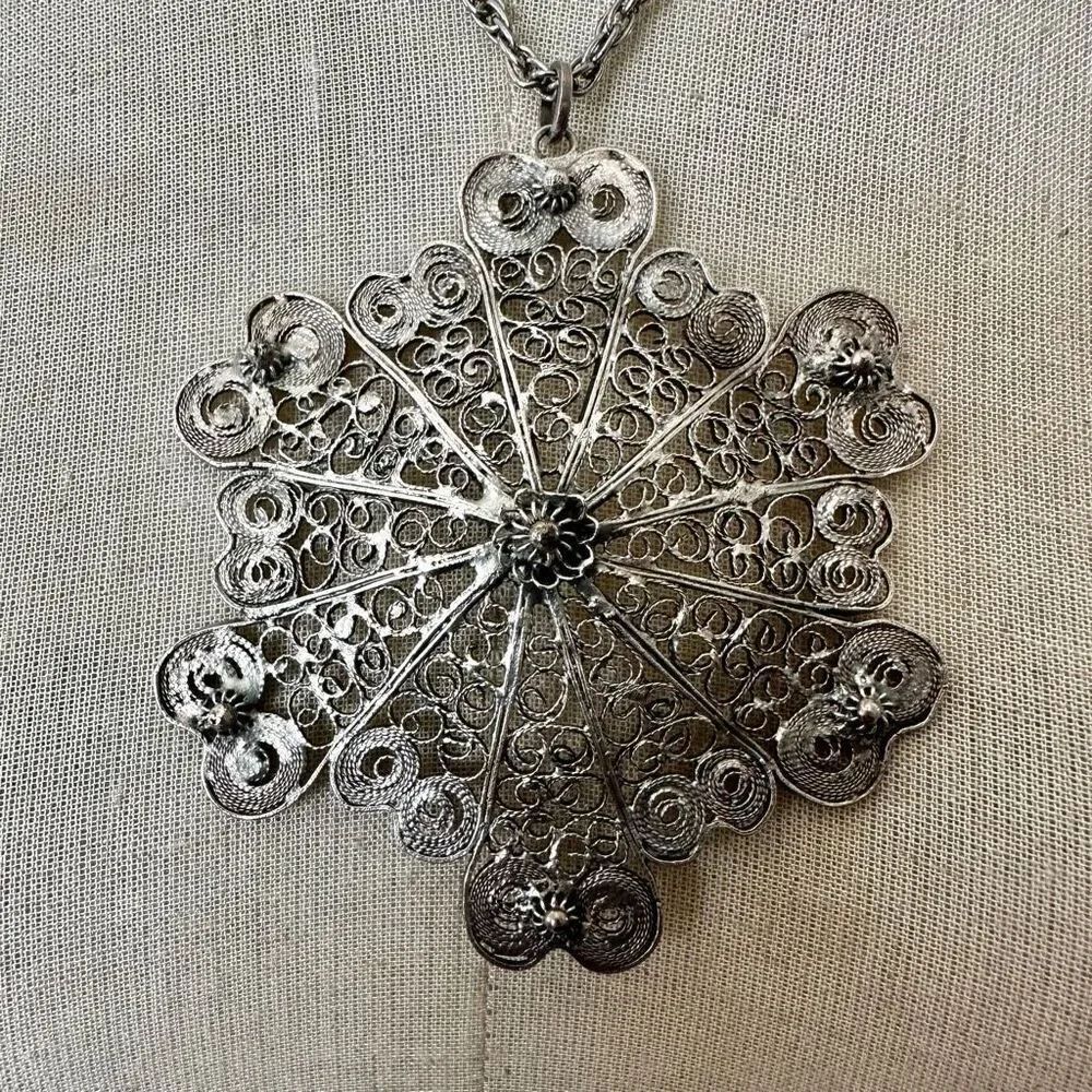 Vintage Silver-Tone Filigree Medallion Pendant Necklace